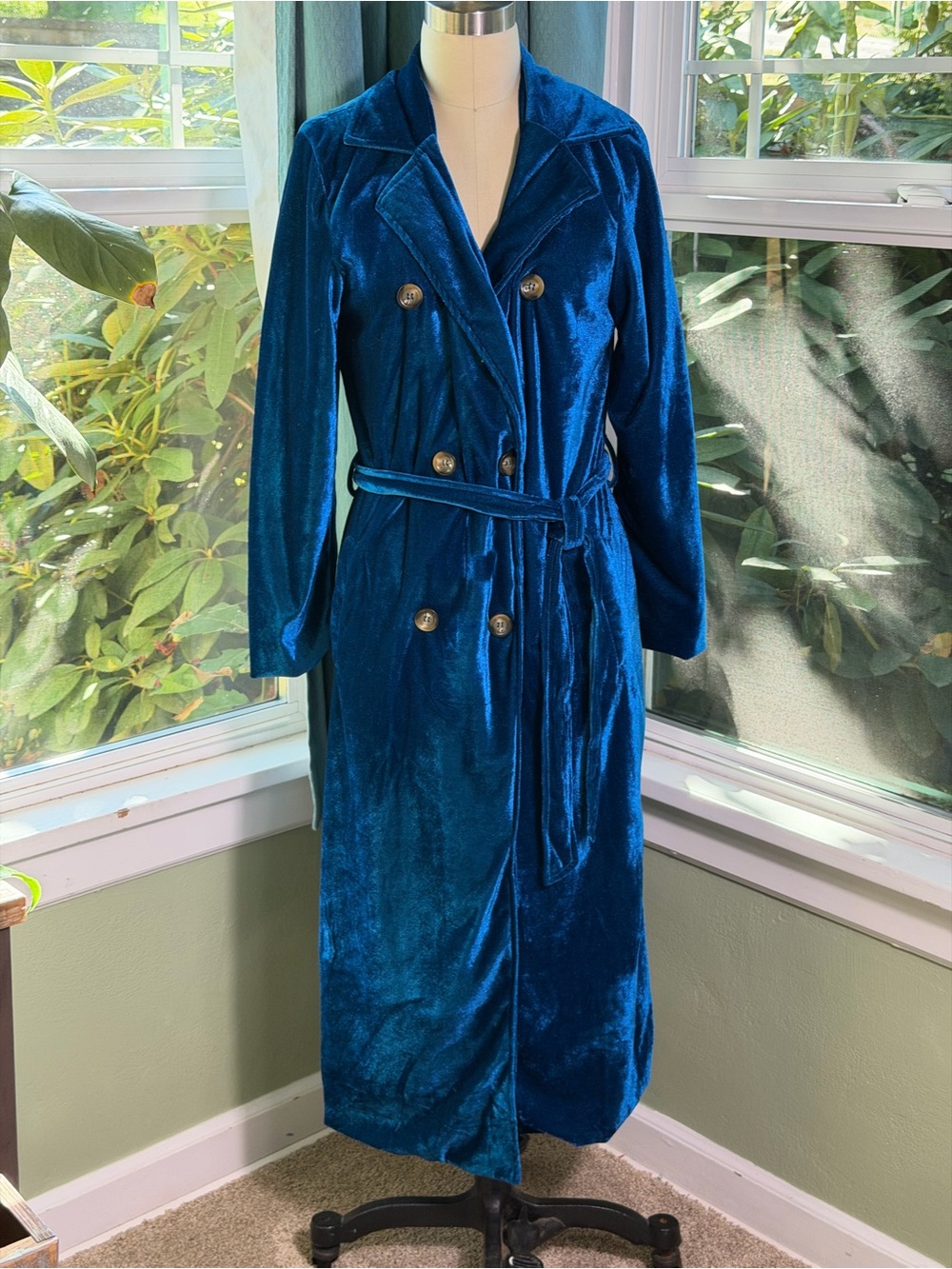 Velvet Long Double-Breasted Belted Coat - Peacock Blue